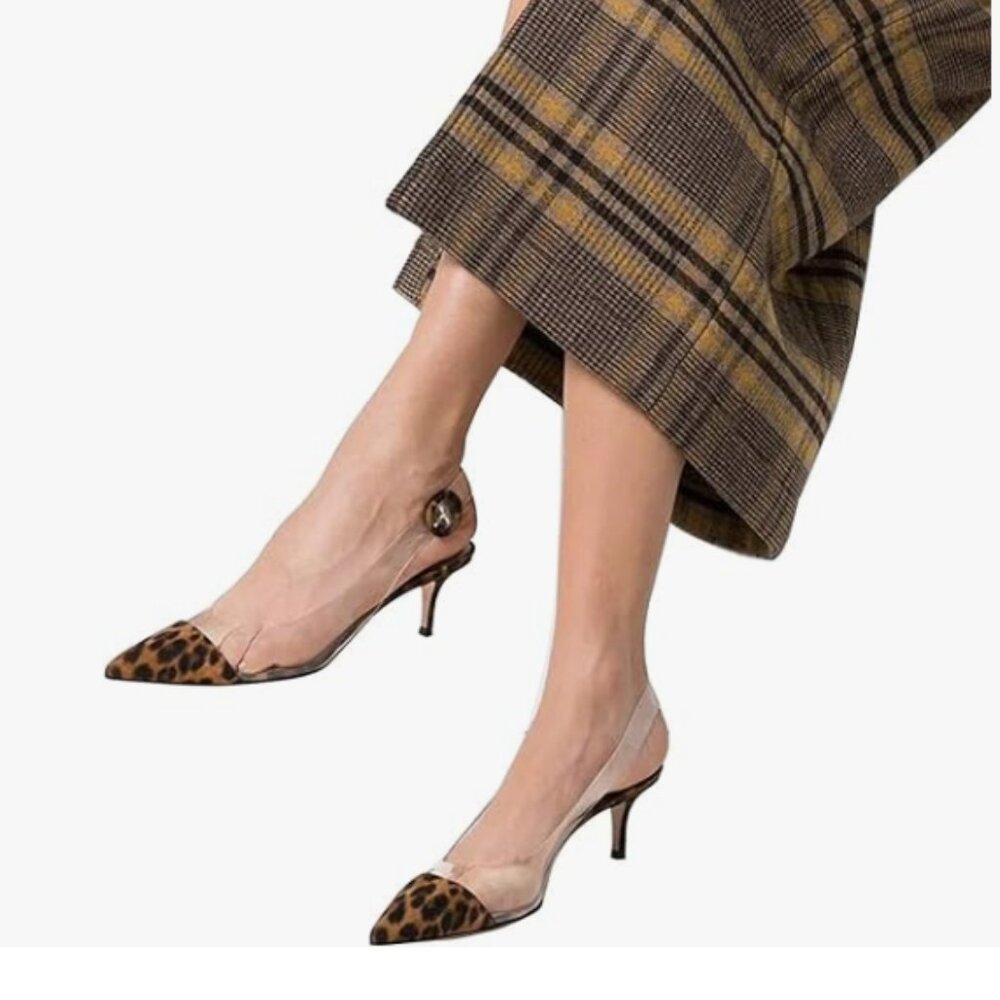 XYD Leopard Suede Transparent Slingback Kitten Heels Pumps Clear Shoes